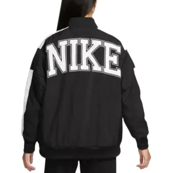 Nike Women's Sportswear Team Jacket Large Black Bomber Logo Spellout Oversized - Picture 1 of 9